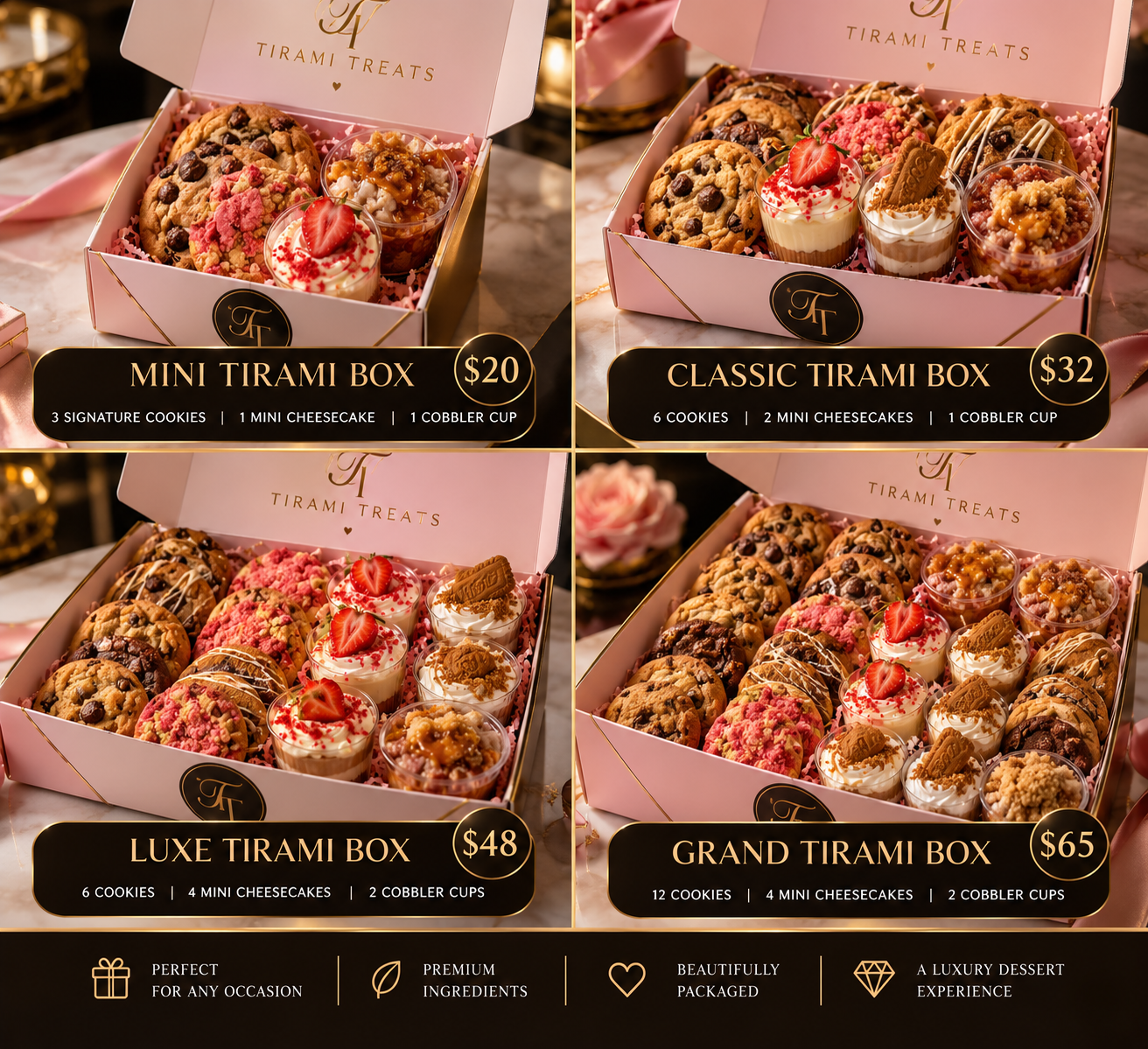 Mini, Classic, Luxe, and Grand Tirami Boxes with their prices and contents